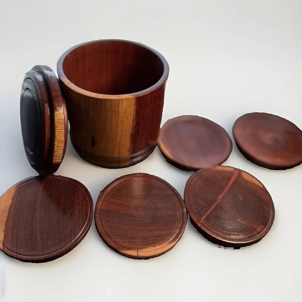 Vintage Wood Coaster Set of 5 Lidded Barrel Holder Rustic Cabin Barware Decor
